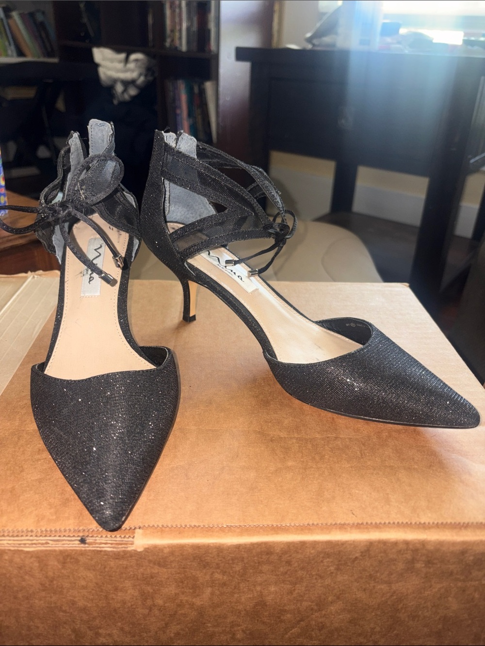 Nina Black Glitter Pointed-Toe Ankle Tie Heels